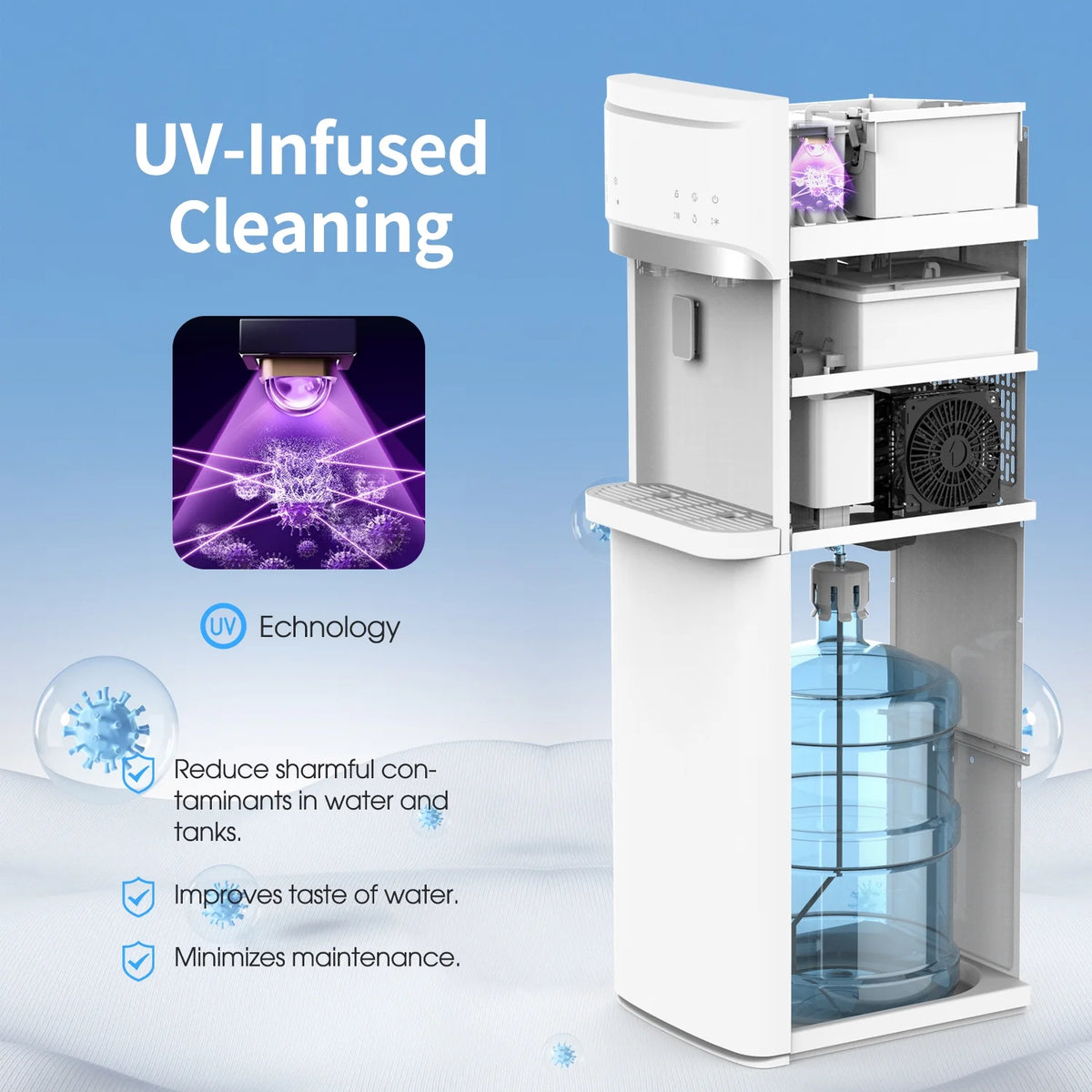 IKT Bottom Loading Water Dispenser Cooler with Maker for 5 Gallon Bottle with Empty Bottle Indicator 3 Temperature 22lbs Within 24hrs White