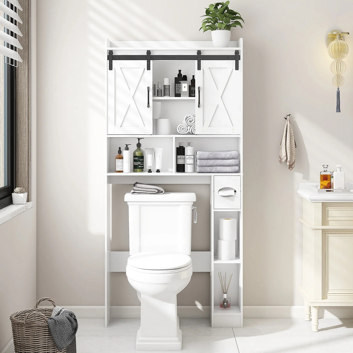 Over The Toilet Storage Cabinet, Farmhouse Storage Cabinet Over Toilet with Sliding Doors Home Space-Saving Toilet Rack, for Bathroom, Restroom, Laundry