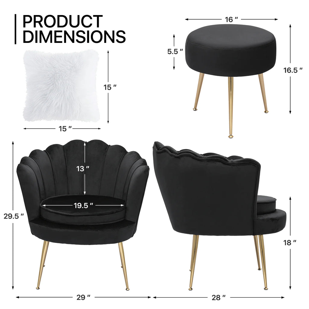 MoNiBloom Set of 2 Velvet Tufted Accent Chair with Pillow and Stool, Upholstered Modern Single Sofa Side Chair with Padded Seat and Golden Metal Legs, Living Room Armchair, Black
