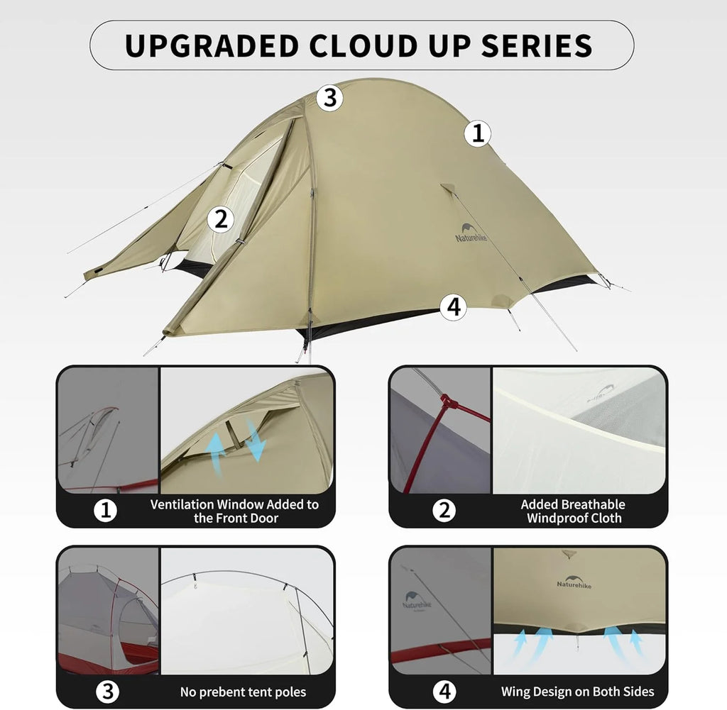 Naturehike 2 Person Tent Lightweight Backpacking Tent with Footprint - Free Standing Ultralight Camping Hiking Backpack Tents, 7.22 5.25ft, Sand