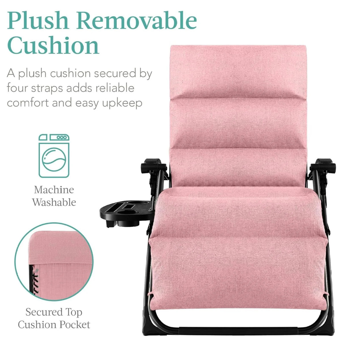 Oversized Chair, Folding Outdoor Patio Recliner, XL Anti Gravity Lounger w/Removable Cushion, Cup Holder, Side Tray, 350lb Capacity - Taupe