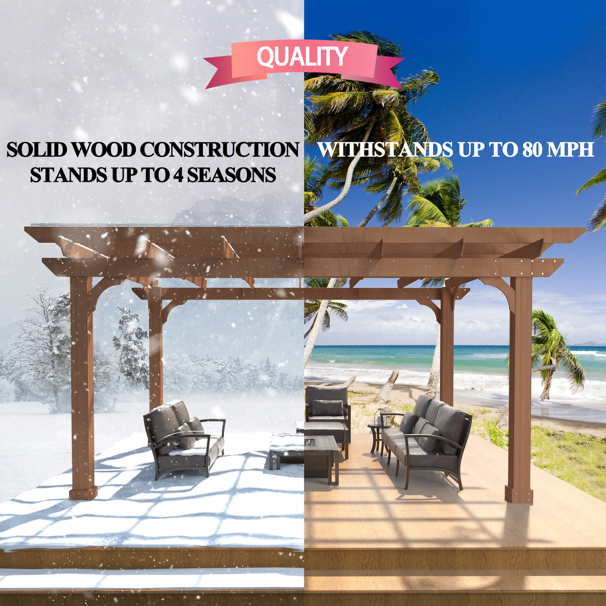 VEIKOUS 12'x10' Cedar Wood Pergola w/ Flat Roof and Ground Stakes for Outdoor Patio, Garden, Deck