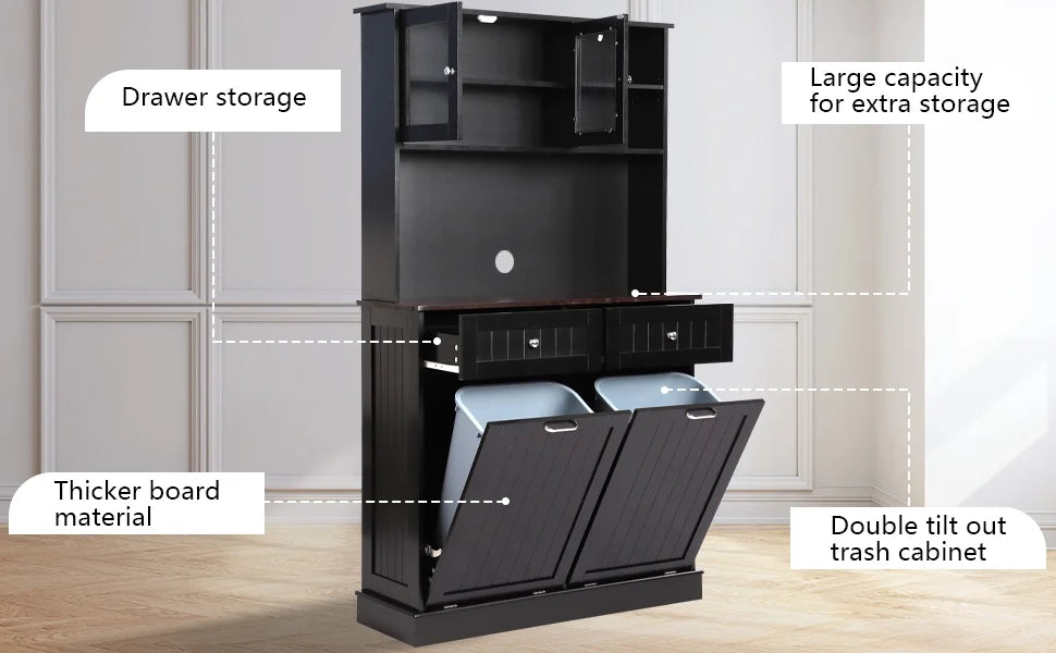 KIGOTY Dual Kitchen Trash Cabinet, Double Tilt Out Trash Can Cabinet with Countertop and Drawer, Free-Standing Pet Proof Recycling Cabinet Garbage Can Holder, Wood (White)