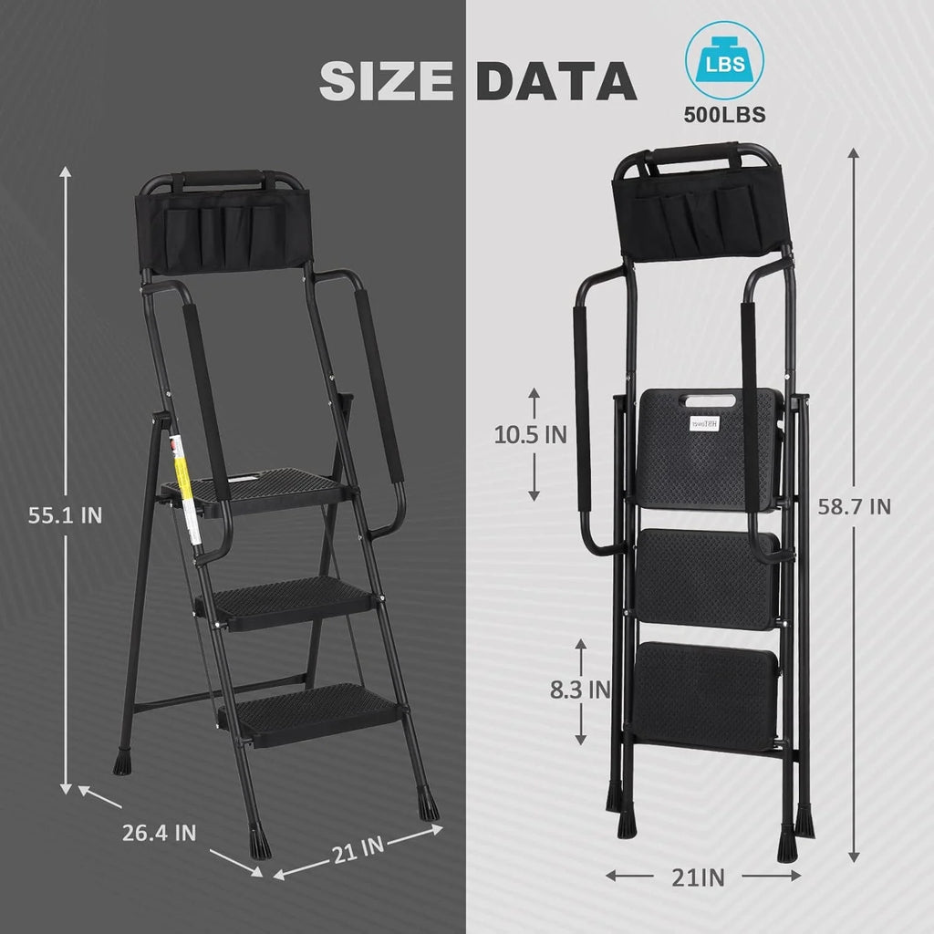HBTower 4 Step Ladder with Handrails and Tool Bag, Folding Step Stool with Attachable  Anti-Slip Wide Pedal, Black