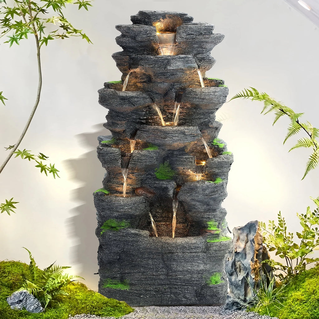 Haverchair 7 Tier Cascading Rock Outdoor Water Fountain, Garden Freestanding Rockery Natural Waterfall Fountains Outdoor with LED Light, Soothing Tranquility Fountains for Home Garden Yard, 24"H