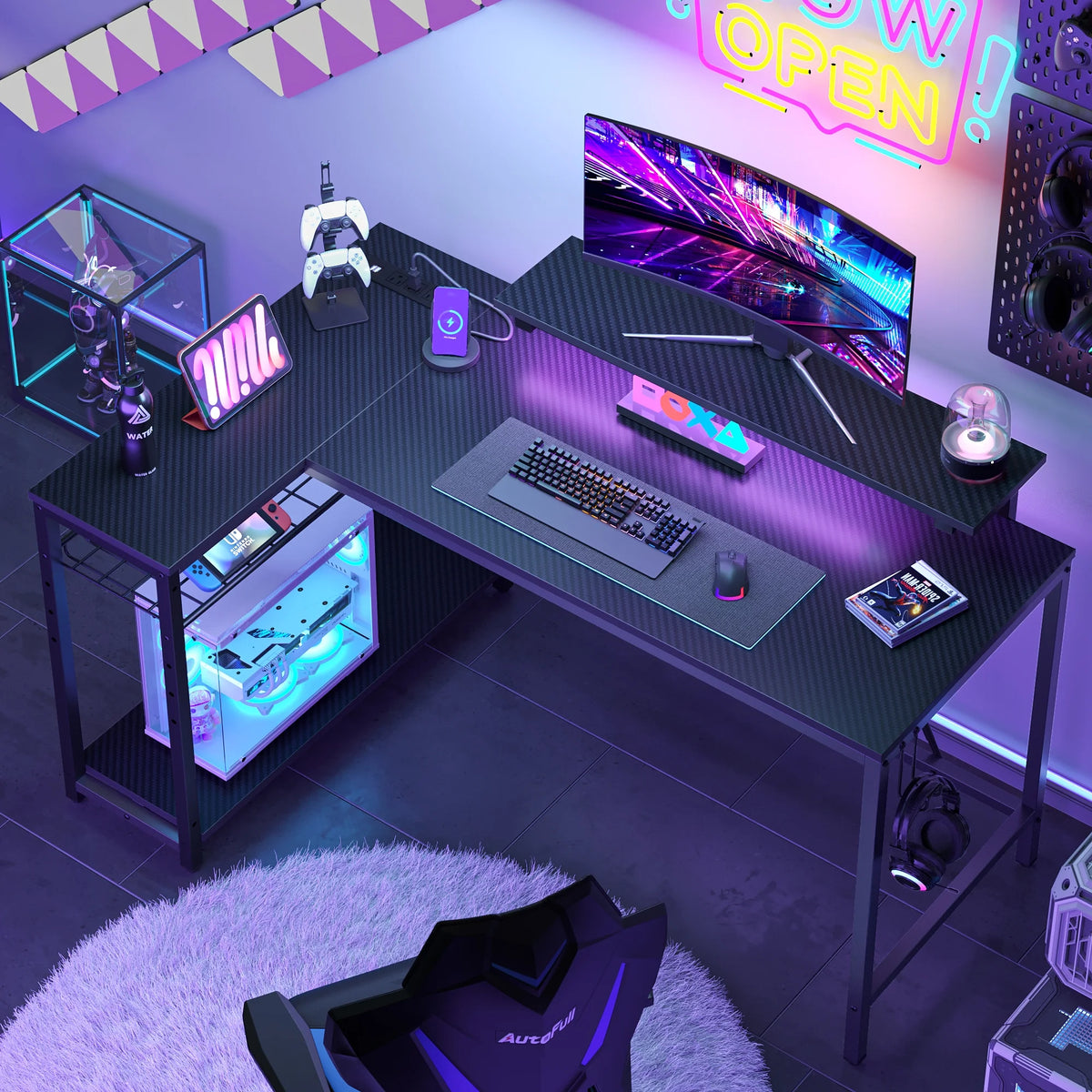 Bestier 52" Gaming Desk with LED Lights L Shaped Desk with Power Outlet & Monitor Stand Corner Computer Desk in Carbon Fiber
