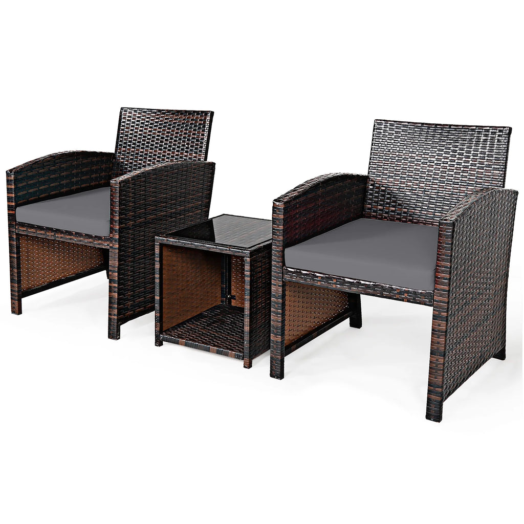Costway 3PCS Patio Rattan Wicker Furniture Cushion Sofa Coffee Table Gray