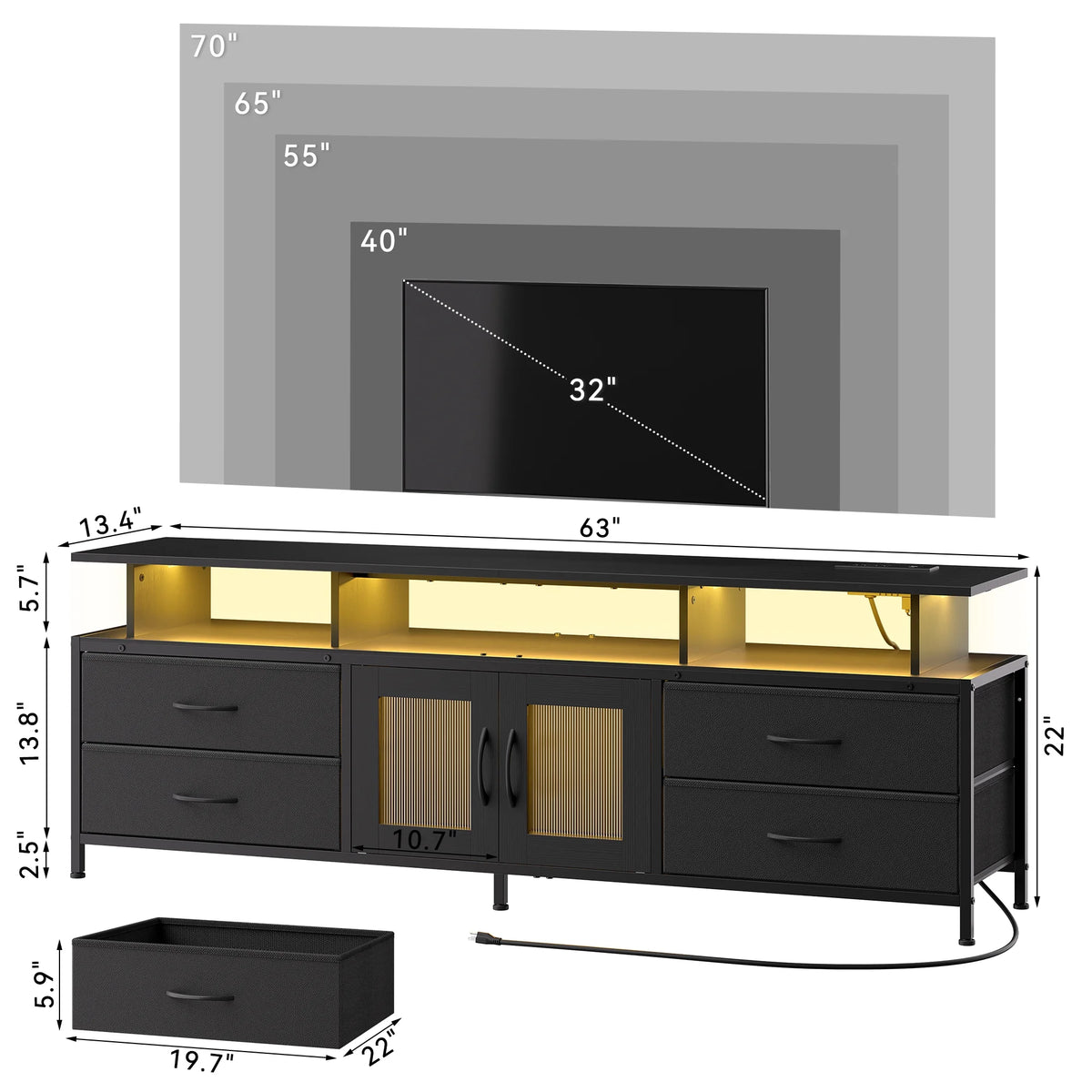 GUNAITO TV Stand for TV up to 70", Big TV Stand for Living Room Entertainment Center with LED Lights and 4 Fabric Drawers , Black