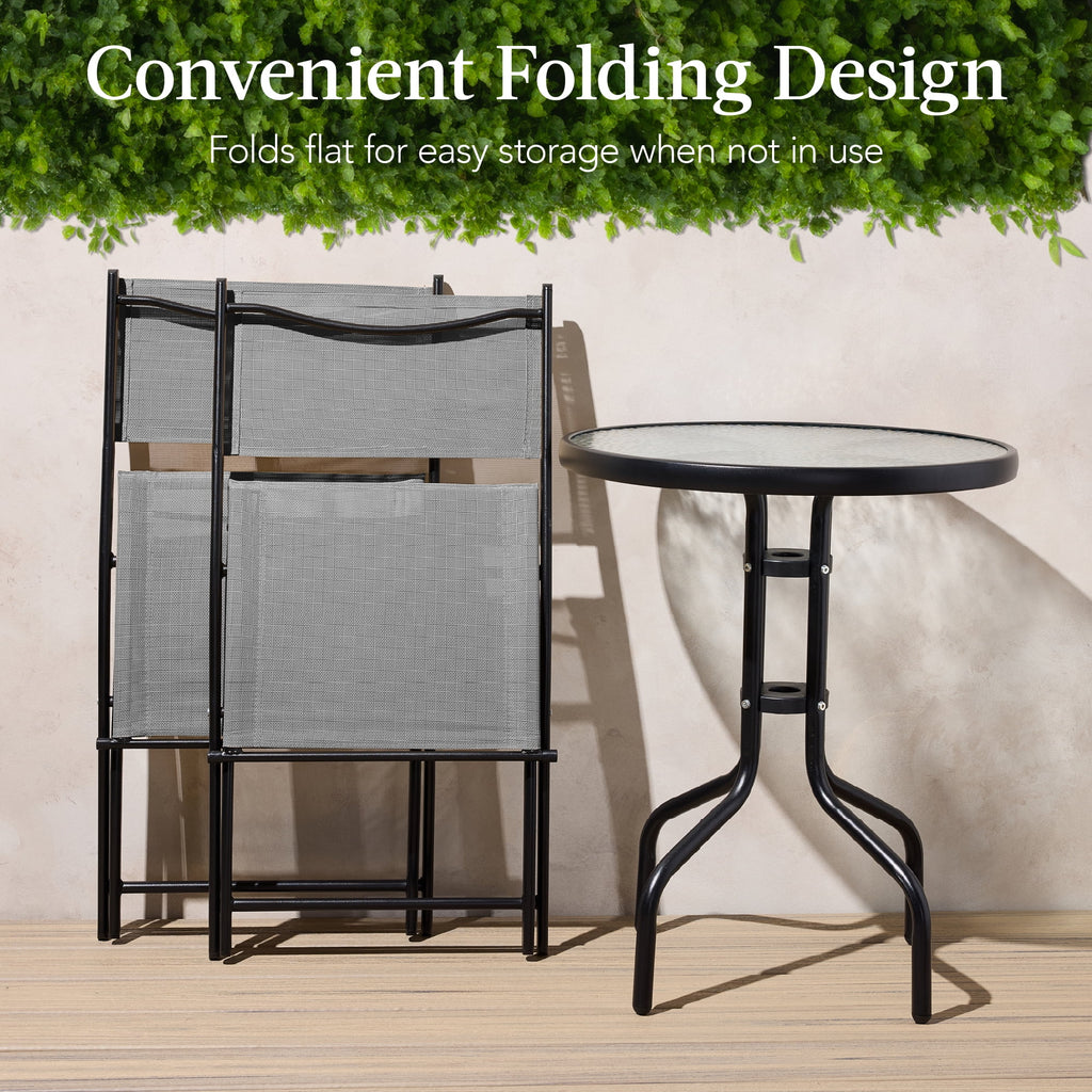 Best Choice Products 3-Piece Patio Bistro Dining Furniture Set w/ Glass Tabletop, Folding Chairs - Gray