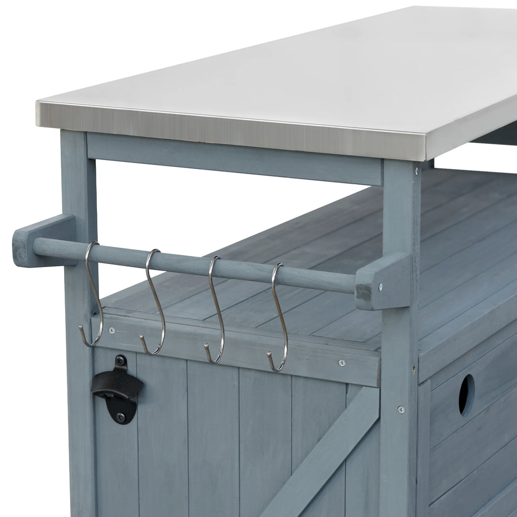 Outdoor Kitchen Island, Rolling Bar Cart & Storage Cabinet, Farmhouse Solid Wood Outdoor Grill Table with Stainless Steel Top, Spice Rack , Towel Rack for Kitchen & BBQ , Natural
