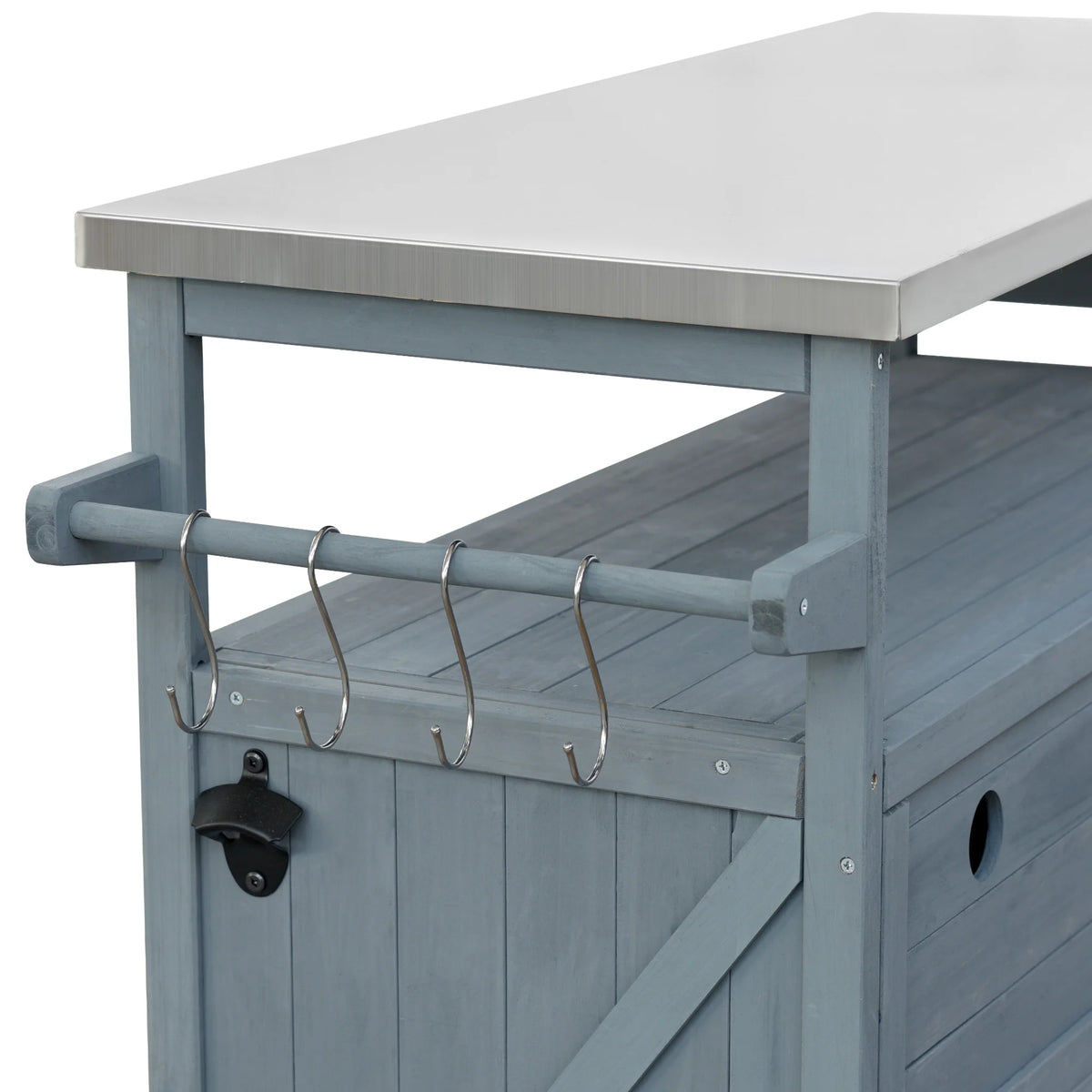 Outdoor Kitchen Island, Rolling Bar Cart & Storage Cabinet, Farmhouse Solid Wood Outdoor Grill Table with Stainless Steel Top, Spice Rack , Towel Rack for Kitchen & BBQ , Natural