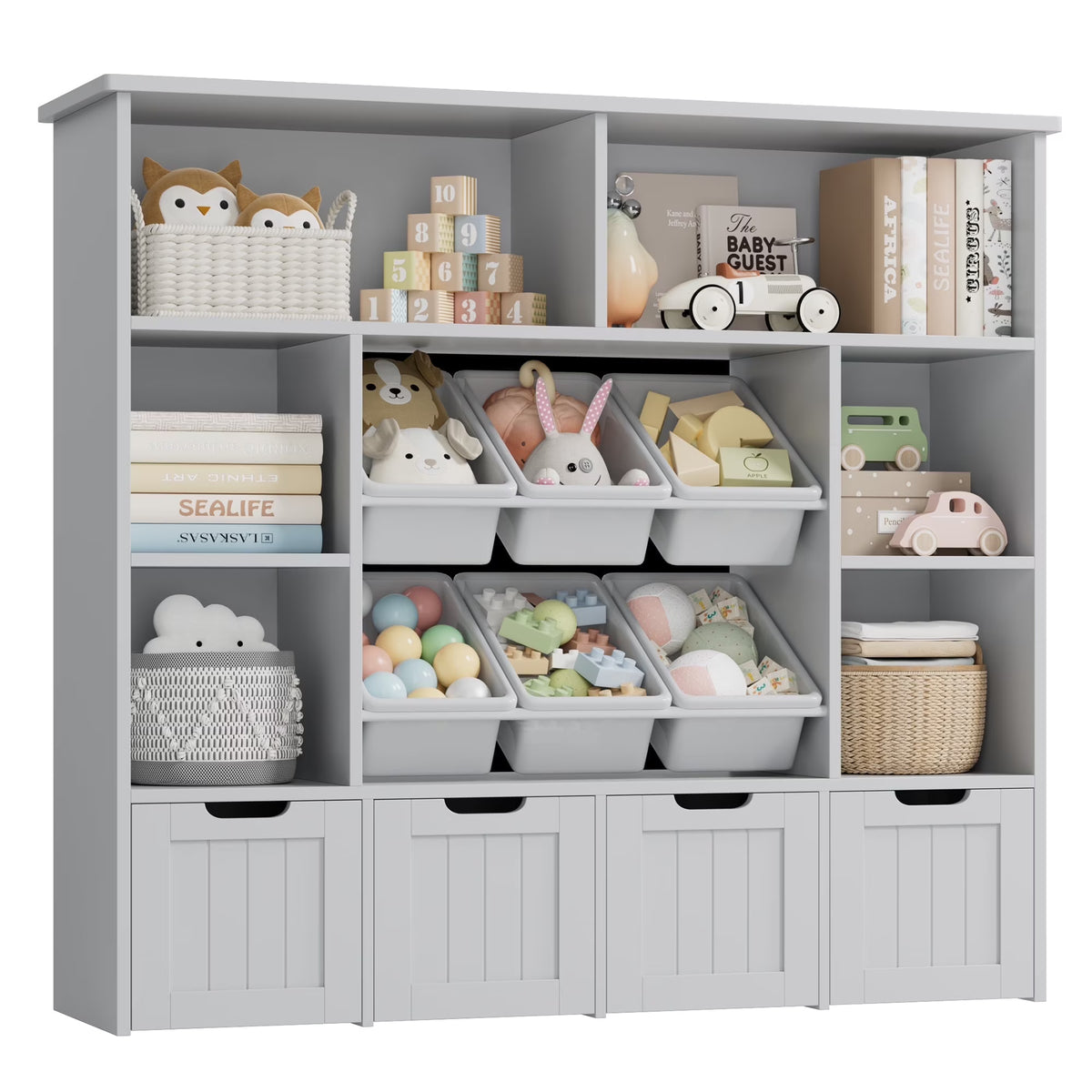 Hiphuta Large 4 Tier Kids Bookcase, Wood Toy Organizer of 6 Boxes & 4 Removable Drawers, Bookshelf for Kids Room, White