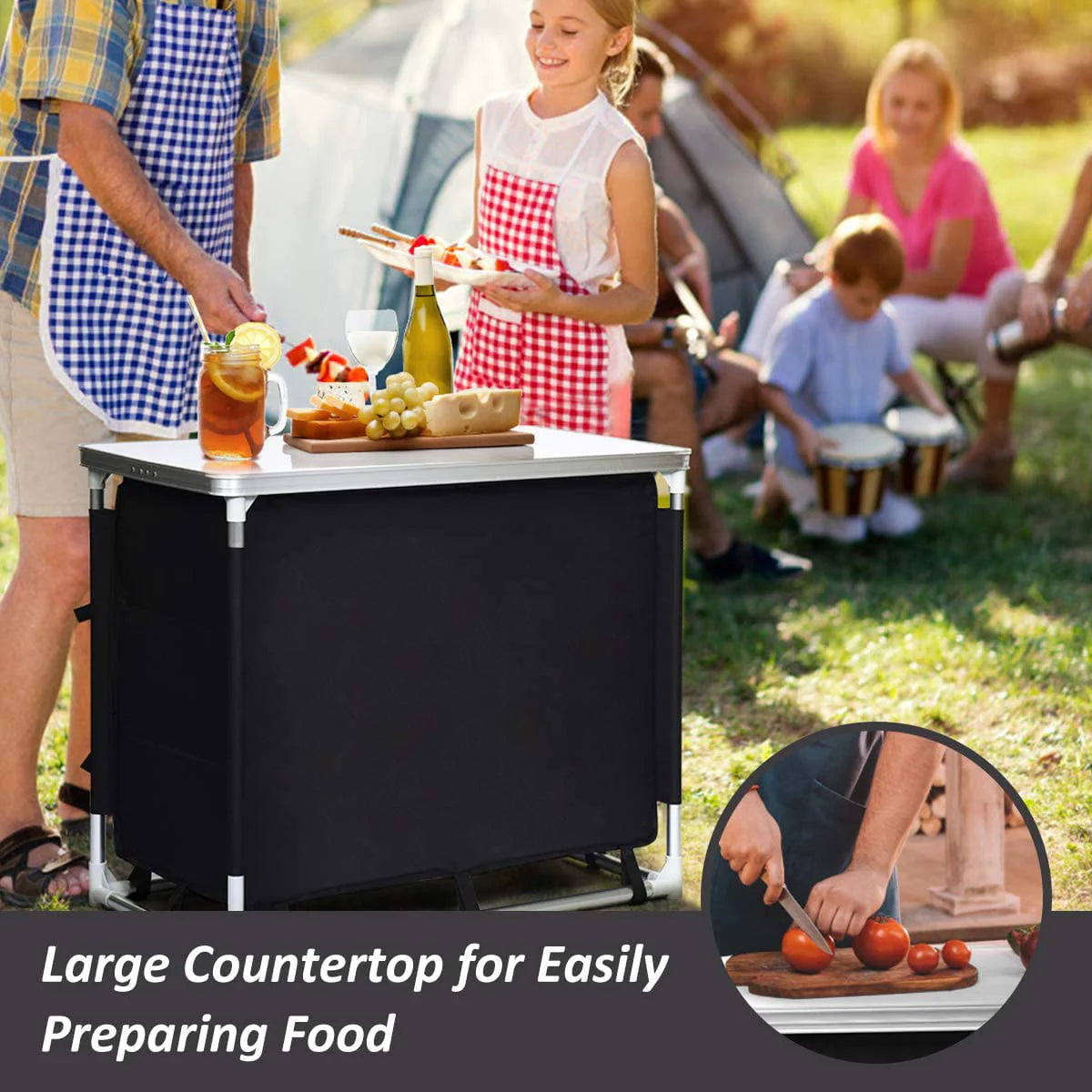 Cook Table Kitchen Station with Storage Organizer and Carrying Bag, for BBQ Party, Picnics, Backyards, Tailgating, Portable, Black