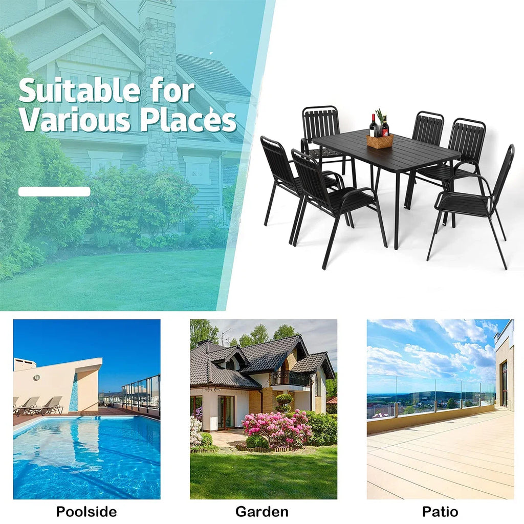 Seizeen Outdoor Dining Set for 6, Plastic Wood Patio Furniture Set with Steel Frame, Space-saving Dining Table and Chairs Stockable Design, All-weather Porch Garden Yard Conversation Furniture, Black