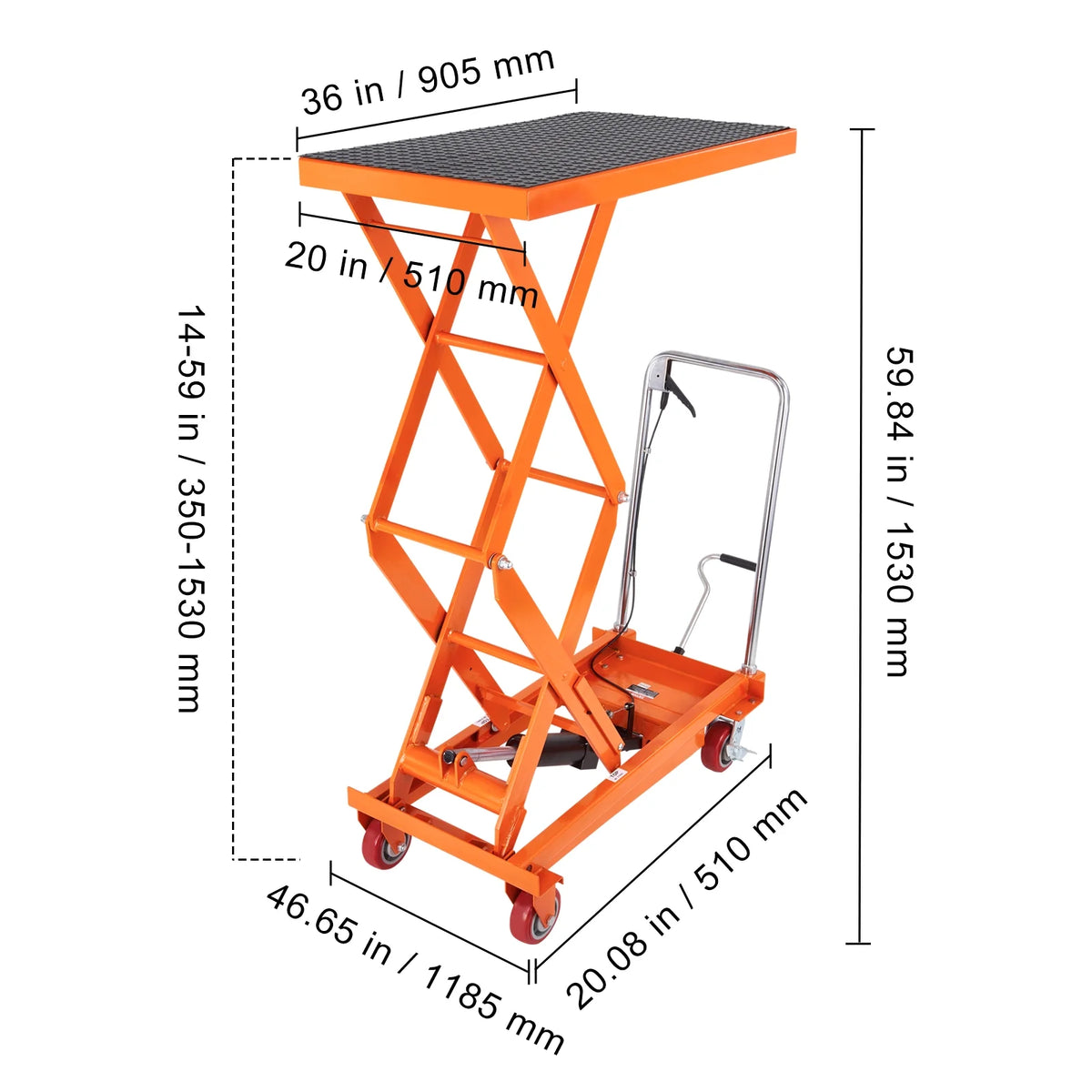VEVOR Hydraulic Lift Table Cart, 770lbs Capacity 59" Lifting Height, Manual Double Scissor Lift Table with 4 Wheels and Non-slip Pad, Hydraulic Scissor Cart for Material Handling and Transportation