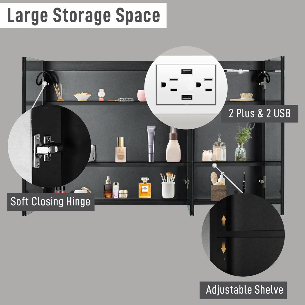 Ktaxon 48"x28" LED Bathroom Mirror Cabinet with Lights, Wall-Mounted Medicine w/ Defogger, Dimmable, Memory function, Outlets & USB, White