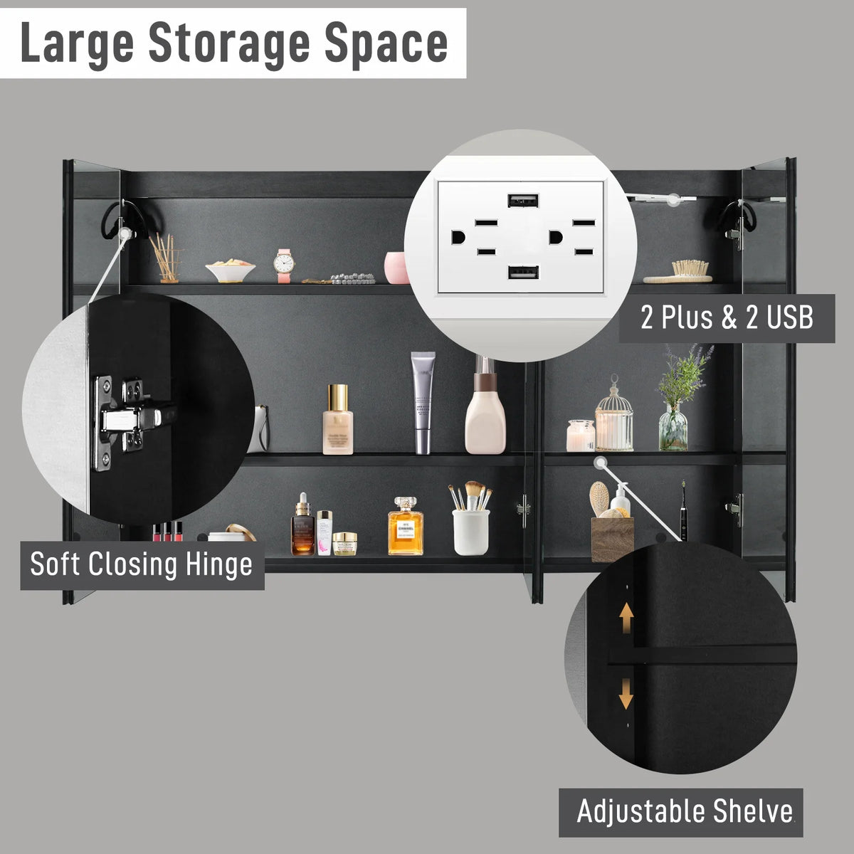 Ktaxon 48"x28" LED Bathroom Mirror Cabinet with Lights, Wall-Mounted Medicine w/ Defogger, Dimmable, Memory function, Outlets & USB, White