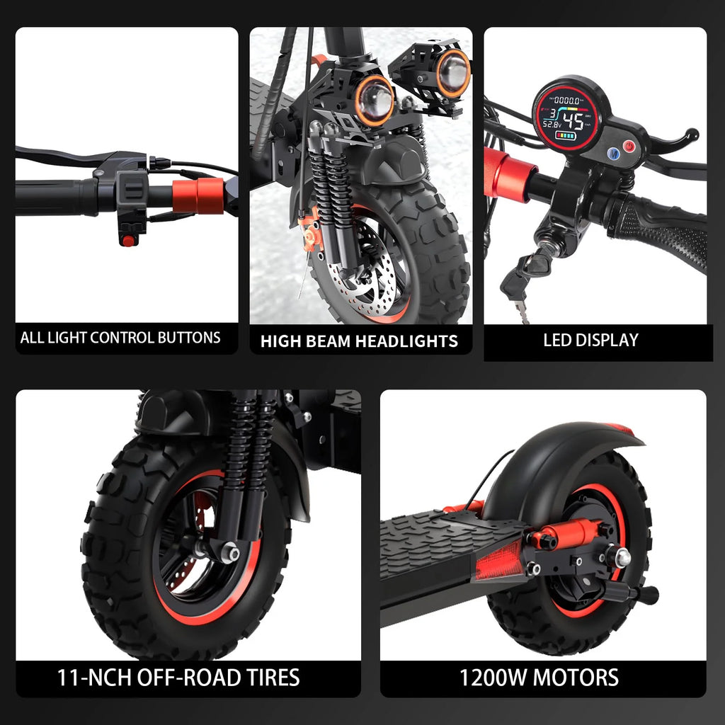 MIWEN 11'' Offroad Electric Scooter for Adult with Seat 1200W Motor up to 34MPH,30-34Miles Long Range Fast Electricscooter 48V 21Ah Foldable Escooter