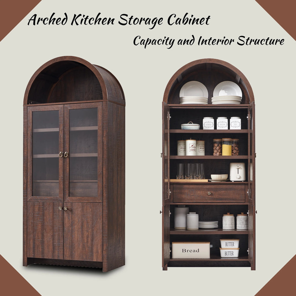 SinCiDo Arched Kitchen Pantry Storage Cabinet, 71-Inch Tall Wood Adjustable Shelves, 2 Doors, 2 Drawers