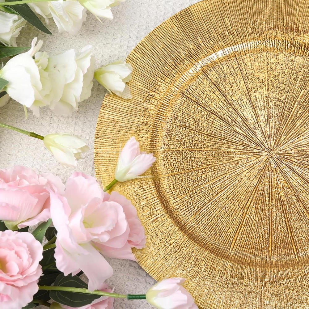 Antique Gold 13" Charger Plates - 100-Pack Plastic Dinnerware for Weddings, Holiday Tablescapes & Luxury Events