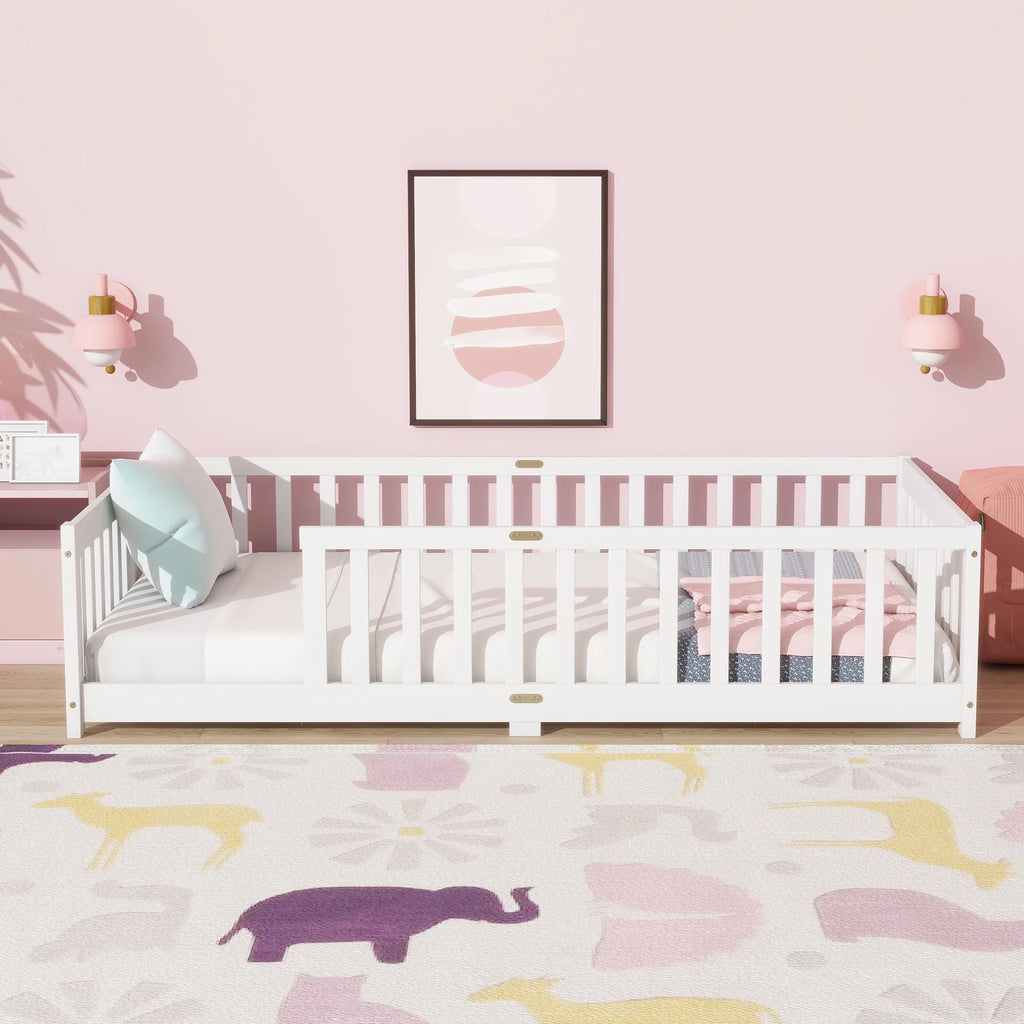 Miniyam Wooden Twin Size Floor Bed with Safety Fence for Kids, Natural