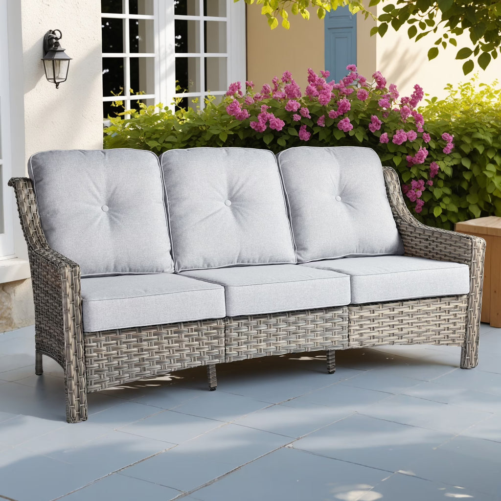 Ovios Outdoor Patio Sofa 3-Seater with Cushions All-Weather Wicker Rattan Couch for Garden, Porch, or Backyard