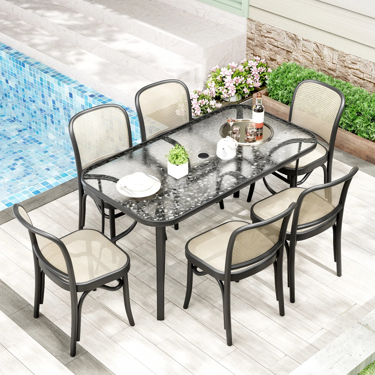 Arlopu Patio Rectangular Tempered Glass Dining Table, All-Weather Use, Outdoor Table for Garden & Backyard