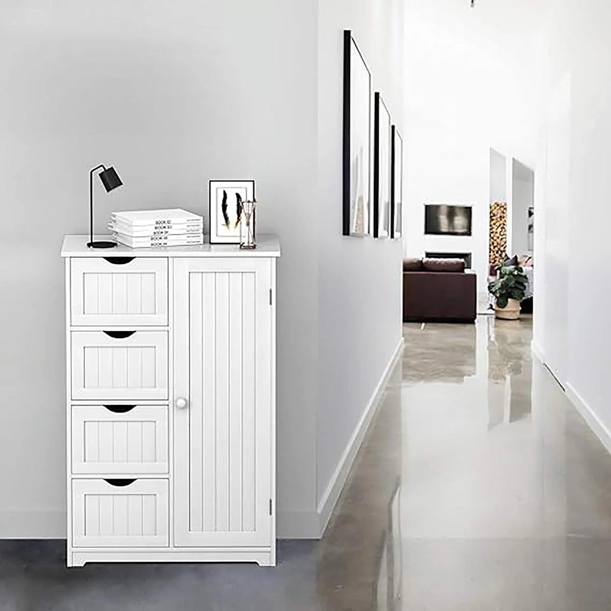 Gymax Bathroom Floor Cabinet Storage Organizer Cupboard w/ 4 Drawers Adjustable Shelf Grey