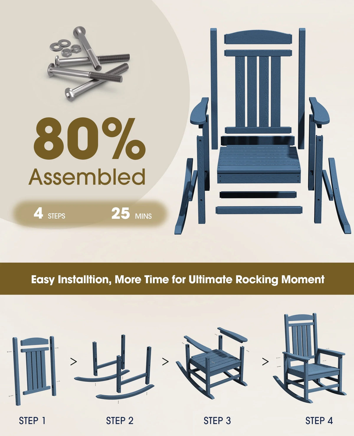 KINGYES Outdoor Rocking Chair Set of 2, HDPE Patio Rocking Chair, Heavy Duty Front Porch Rocker, Navy