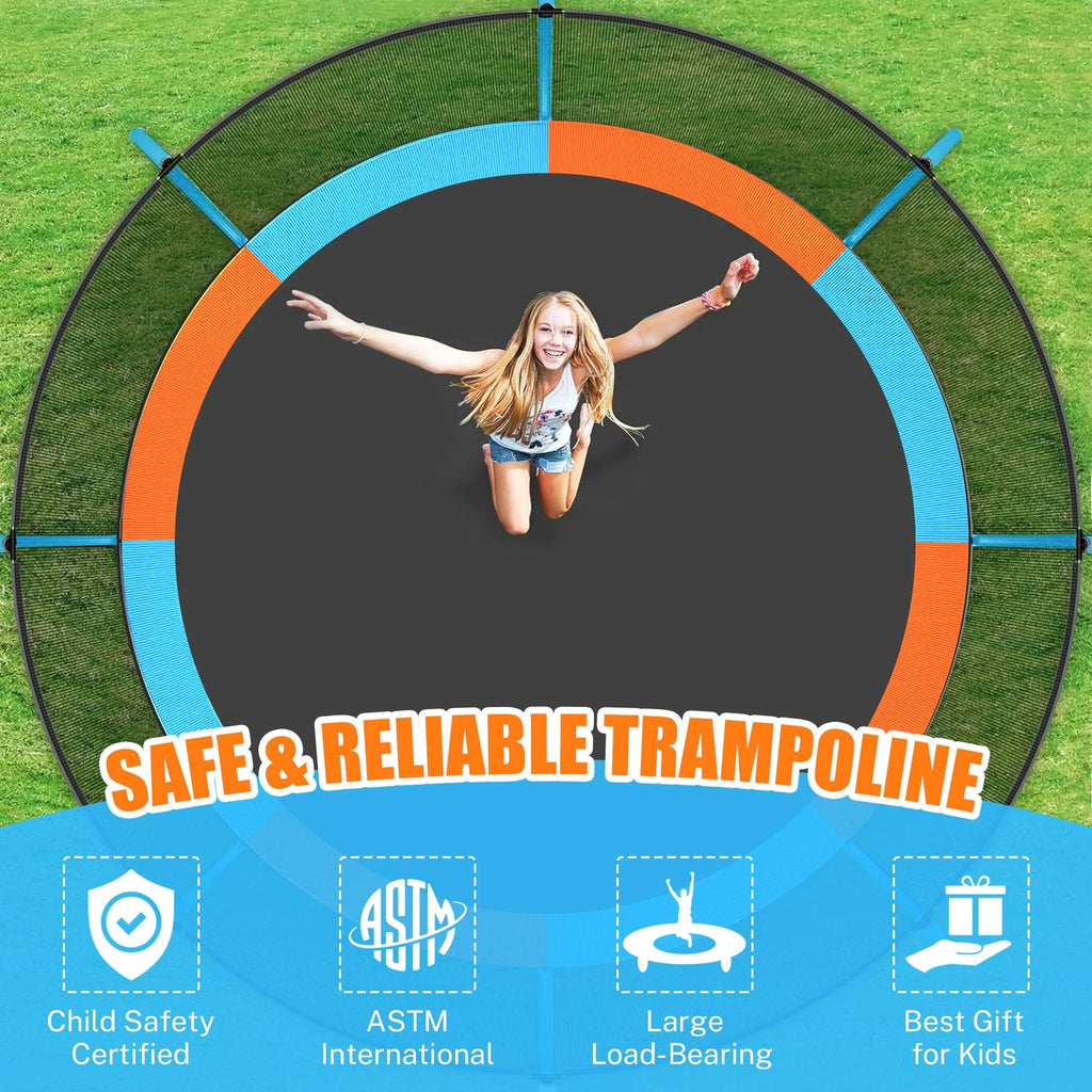 Trampoline Outdoor, 14FT Kids Trampoline with Enclosure Net and Ladder, Upgrade All-Weather Round Trampoline Curved Design with 5 Heavy-Duty Steel Legs