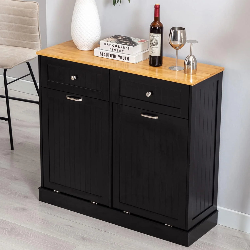 Hlivelood Double Trash Cabinet Tilt Out 20 Gallon, Pet Proof Kitchen Trash Cabinet Laundry Hamper with Cutting Board, Wood Garbage Recycling Station Hideaway Trash Holder Drawers