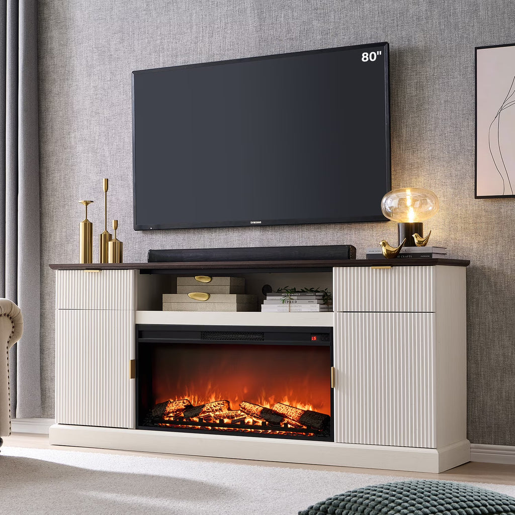 SinCiDo Fluted Fireplace TV Stand for 80 inch, Entertainment Center with 36" Electric Fireplace, 2 Drawers and Adjustable Shelves, Wood TV Stand for Living Room