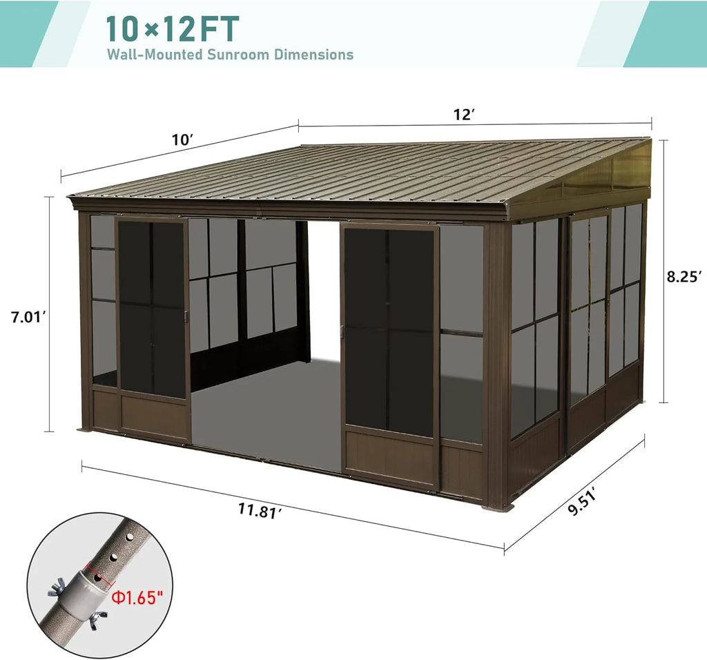 TOTAL Outdoor 10'x12' All-Season Sunroom Gazebo with Steel Roof, PVC Screen, Front & Side Door, Brown