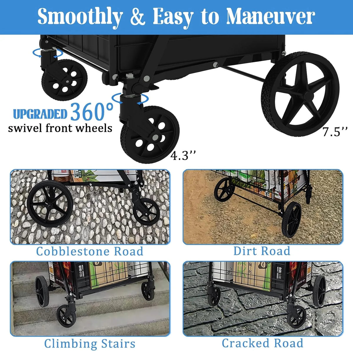 Heavy Duty Folding Shopping Cart for Groceries, Jumbo Double Basket with 360 Swivel Wheels & Waterproof Bag, Portable Utility Cart for Shopping, Laundry, Holds Up to 320 LBS