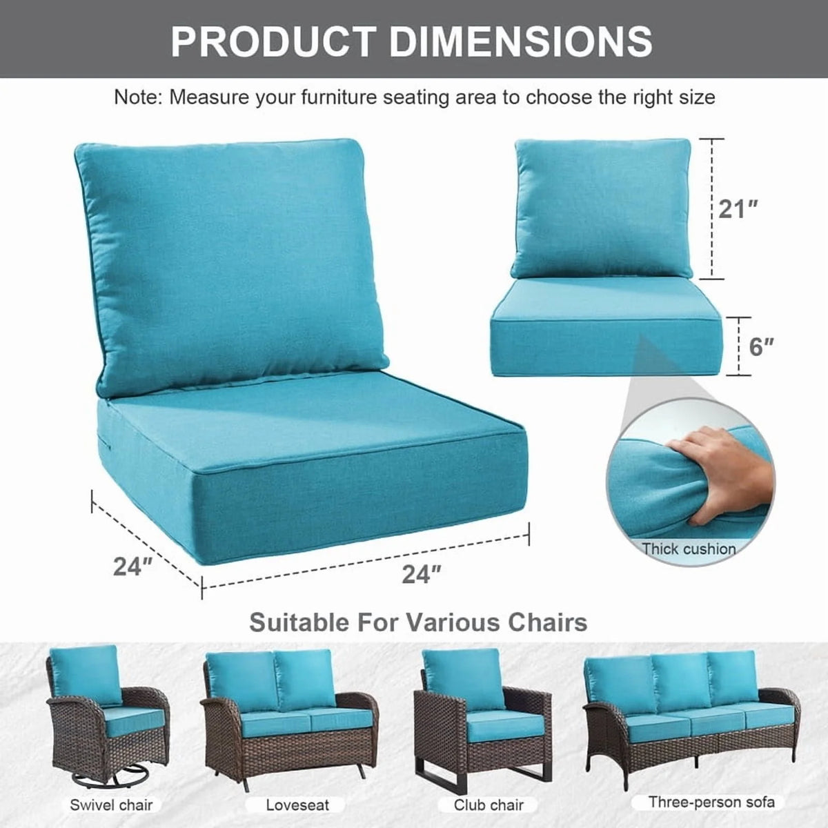 Bellefurn Outdoor Deep Seat Cushion 24 X 24 X 6 inch for Patio Furniture,Outdoor Chair Cushions Waterproof & Fade Resistant Patio Furniture Cushions for Wicker Chair, Sofa, Couch