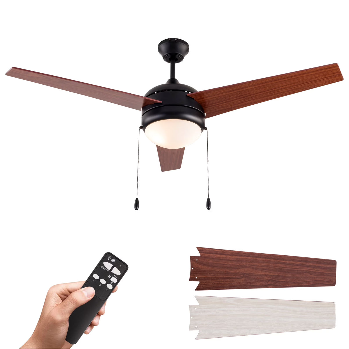 Simpol 52" Prominent Indoor Ceiling Fan with LED Light, Pull Chain and Remote Control, Reversible AC Motor, Walnut/Silver Reversible Blades and Satin Nickel Finish