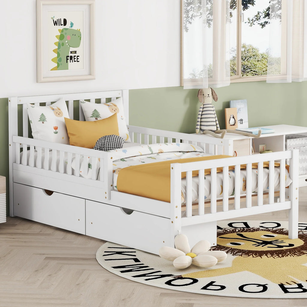 Bellemave Twin Bed with Storage Drawers and Fence Rails, Wood Platform Beds Frame with Headboard, Twin Size Storage Bed for Kids Boys Girls Teens White)