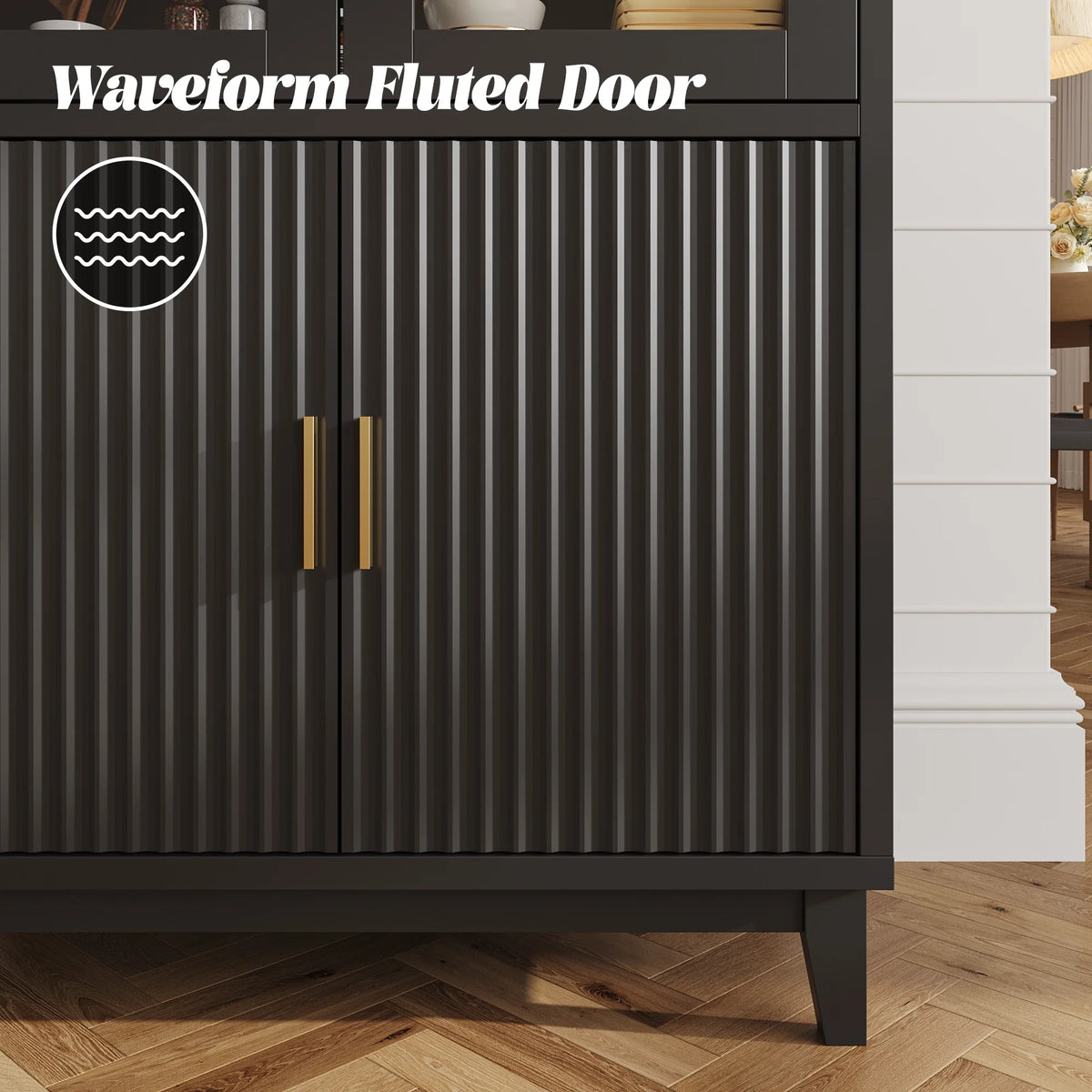 VEANERWOOD 71" Tall Arch Cabinet, Wood Fluted Kitchen Kitchen Storage Cabinet with 4 Doors and 6 Shelves for Dining Room Living Room