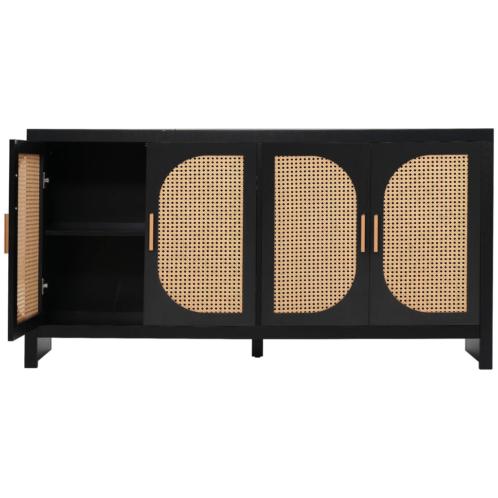 Modern Rattan Sideboard Buffet Cabinet, Kitchen Storage Cabinet, Living Room TV Stand for TVs up to 65", Entertainment Center with Adjustable Shelf, for Dining Living Room Hallway, White
