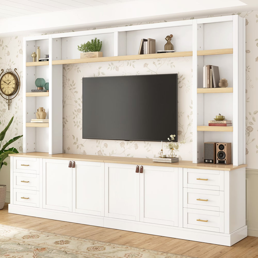 Euroco 102.3"W Farmhouse 4-Piece Entertainment Center Wall Unit with Adjustable Shelf, Modern Large TV Stand with Bookshelves