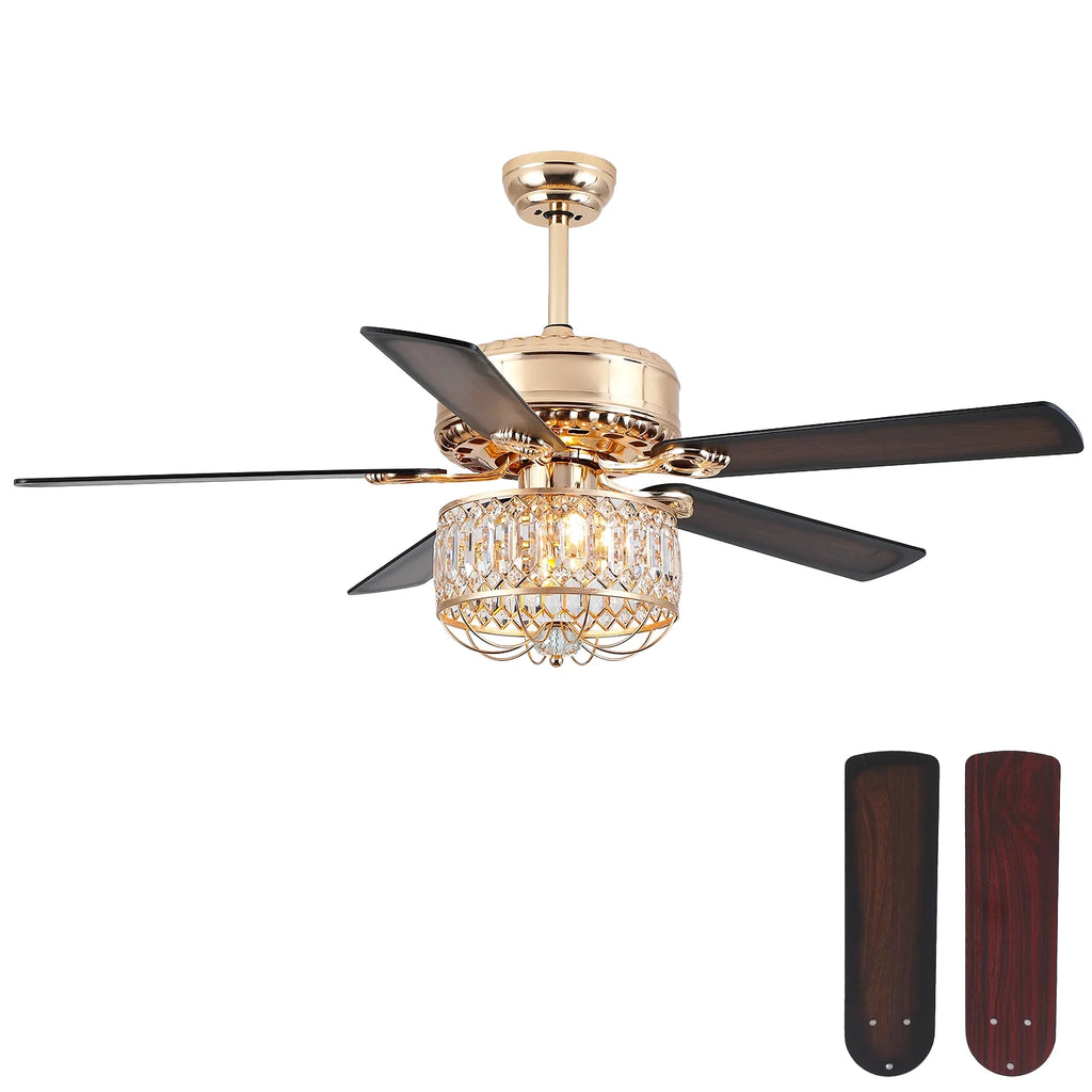 Kviflon 52" Farmhouse Ceiling Fan with Lights & Remote, Crystal Chandelier, Wood Blades, Quiet Motor, 6-Speed, Timer, Modern Lighting for Living Room, Bedroom, Dining Room, Chrome Finish