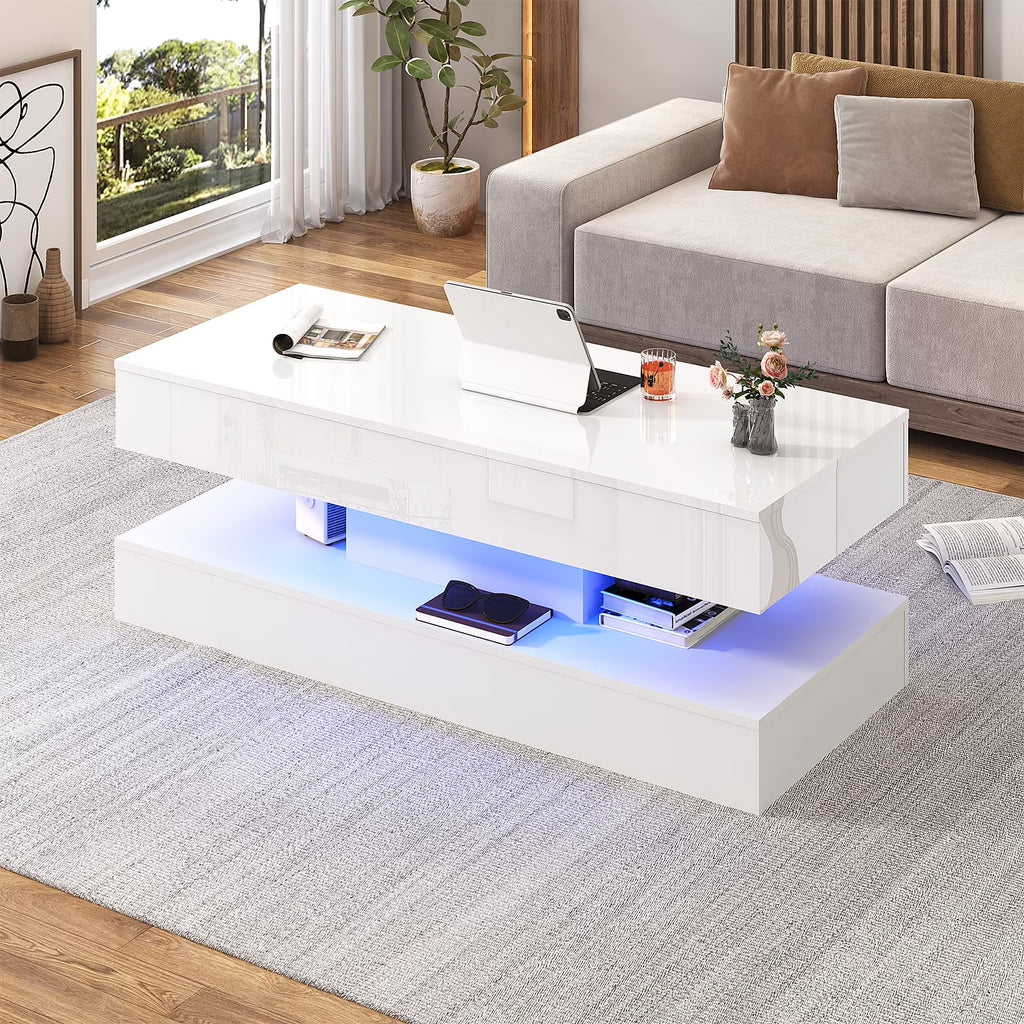 ChVans Large Black LED Coffee Table with 2 Storage Drawers, Modern High Gloss Coffee Table w/20 Colors LED Lights/APP Control, 2 Tiers Rectangle Large Living Room Furniture w/Marbling Print(47.3")