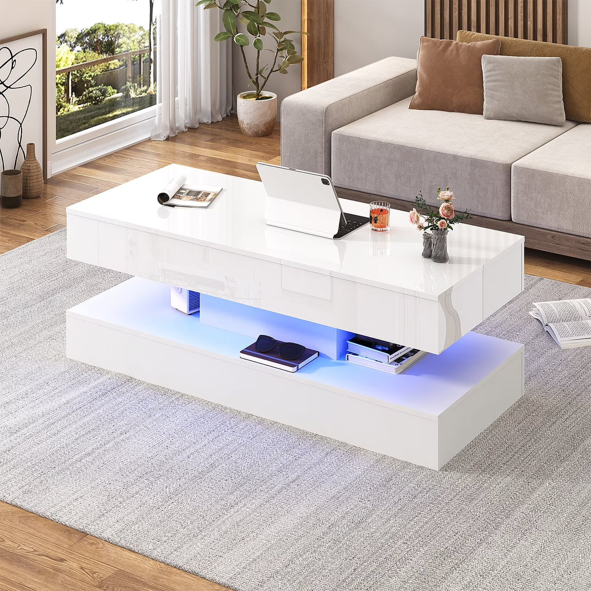 ChVans Large Black LED Coffee Table with 2 Storage Drawers, Modern High Gloss Coffee Table w/20 Colors LED Lights/APP Control, 2 Tiers Rectangle Large Living Room Furniture w/Marbling Print(47.3")