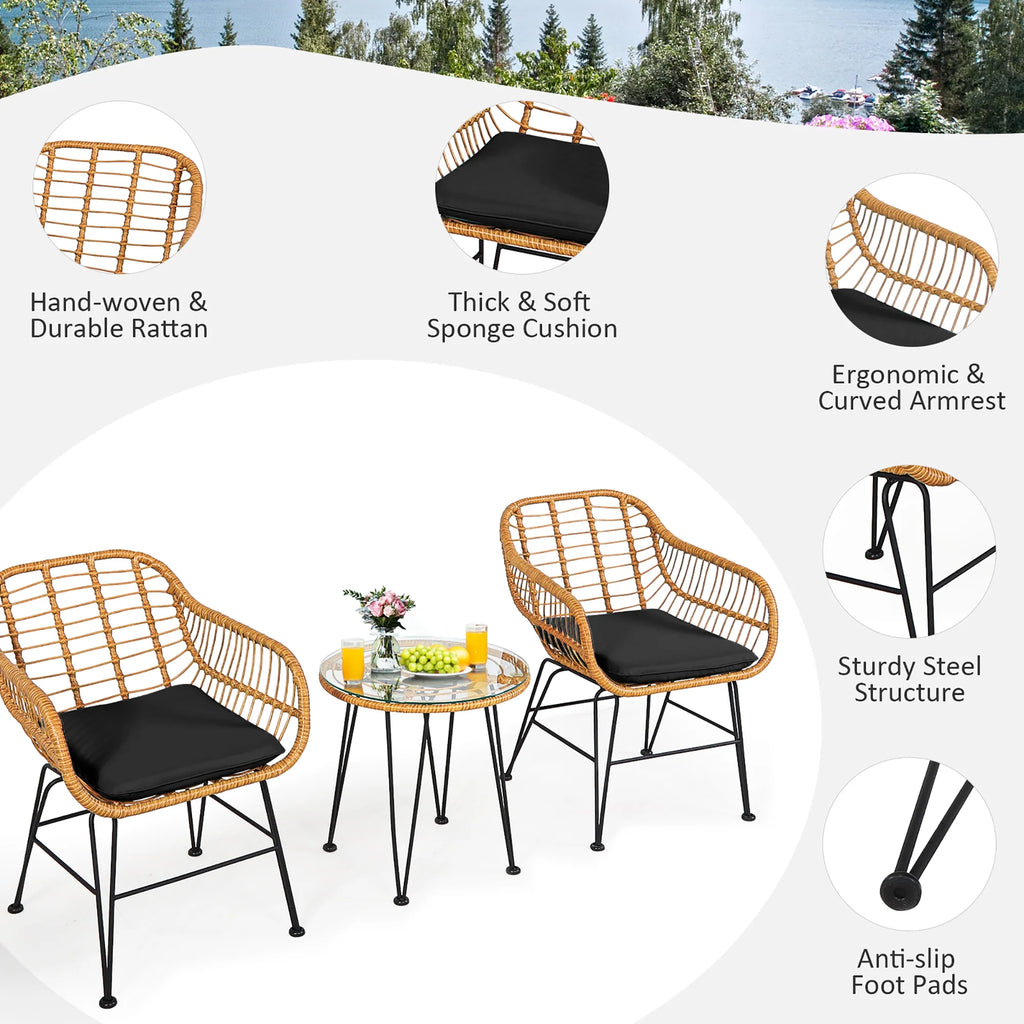 Costway 3PCS Patio Rattan Bistro Furniture Set Cushioned Chair Table Navy
