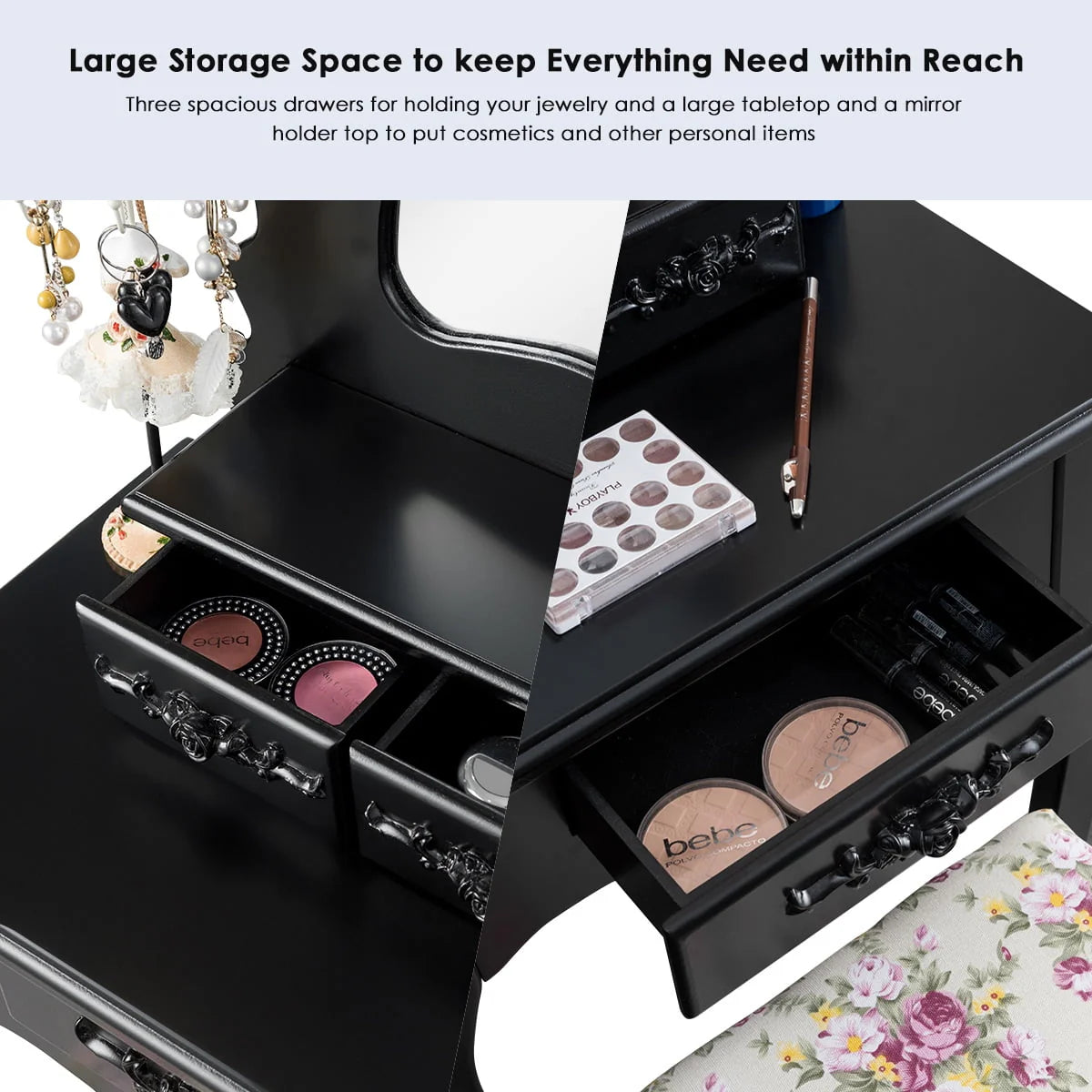 Topbuy Vanity Mirror Dressing Table Simple Style Beauty Dresser w/ Cushioned Bench Black