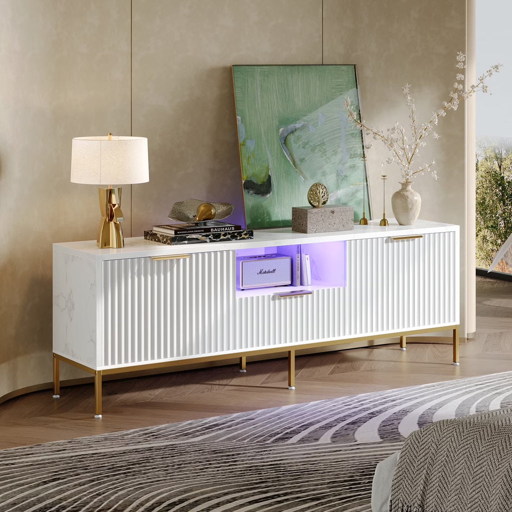 Bestier 55" LED TV Stand for TVs up to 60" Modern High Gloss Entertainment Center with Drawers Cabinets Fluted TV Console, White & Gold