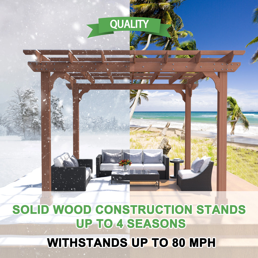 VEIKOUS 12'x10' Cedar Wood Pergola w/ Flat Roof and Ground Stakes for Outdoor Patio, Garden, Deck