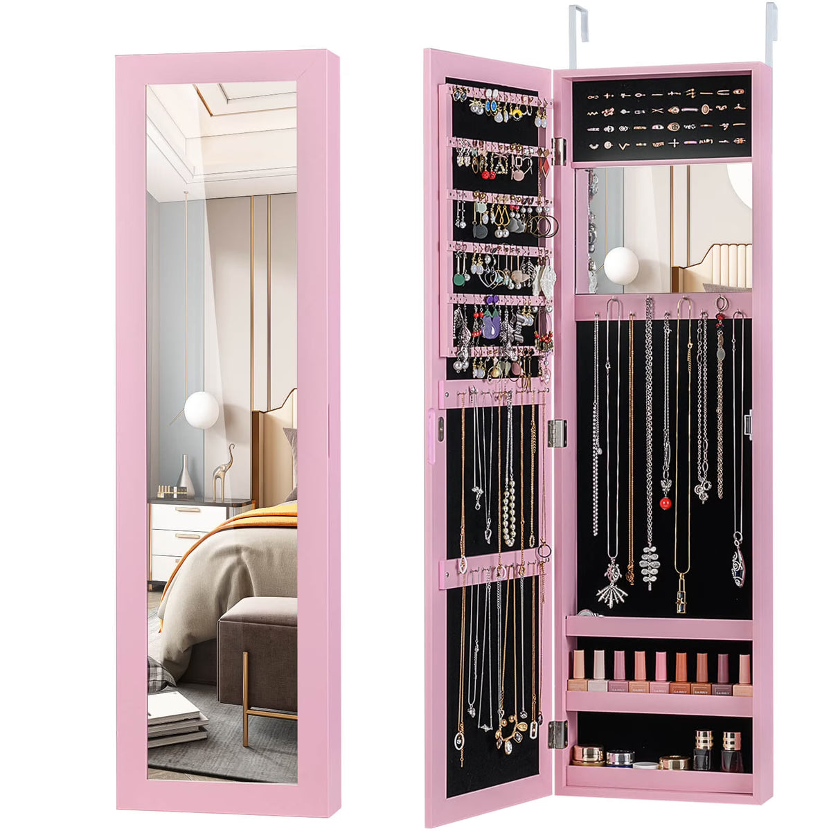 Costway Wall Door Mounted Mirrored Jewelry Cabinet Storage Organizer-Black