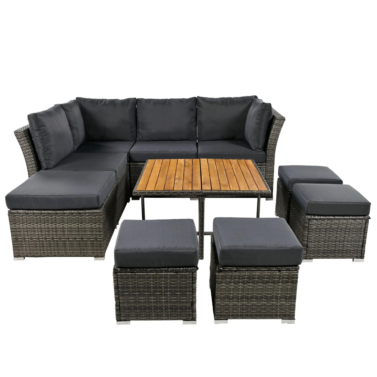 9 Pieces Outdoor Patio Furniture Set Outdoor Sectional Rattan Sofa Set Manual Wicker Patio Conversation Set with Ottomans, Solid Wood Coffee Table for Yard Deck Porch(Grey)
