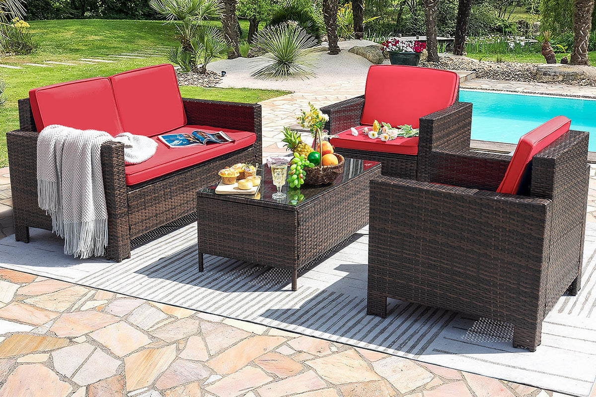 Lacoo 4 Pieces Patio Furniture Sets Rattan Chair Wicker Conversation Sofa Set Outdoor Tble and Chairs for Backyard Porch Garden Poolside Balcony, White